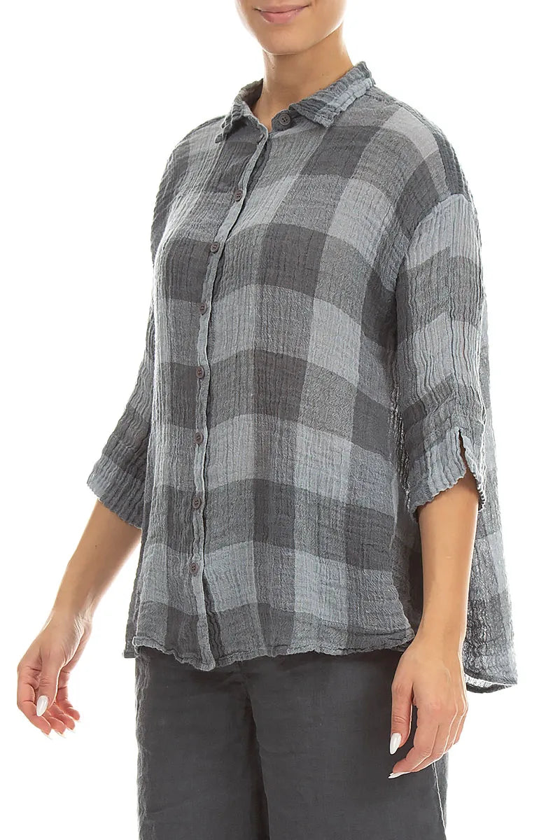 Chemise ample à grands carreaux en gaze de lin gris argenté