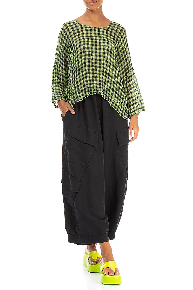 Loose Lime Check Gauze Linen Blouse 4