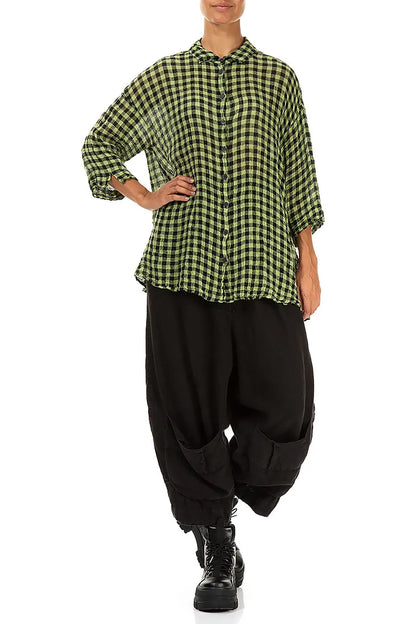 Loose Lime Check Gauze Linen Shirt 4
