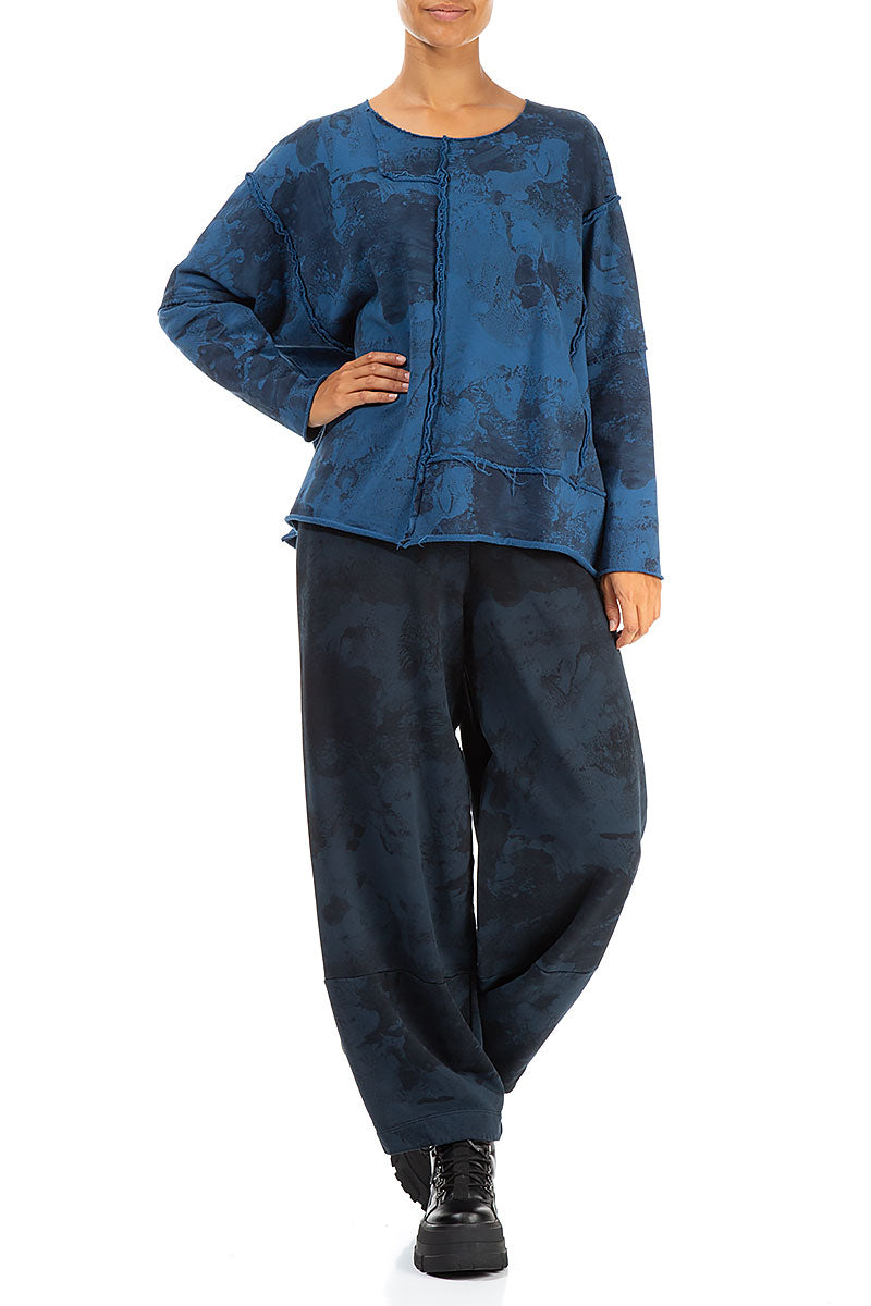 Loose Midnight Blue Marble Cotton Trousers