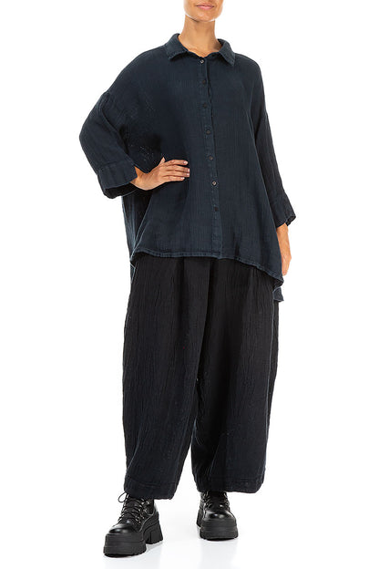 Loose Midnight Blue Textured Linen Shirt