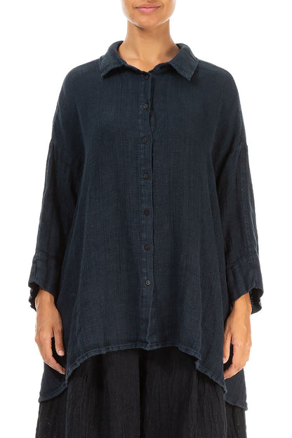 Loose Midnight Blue Textured Linen Shirt