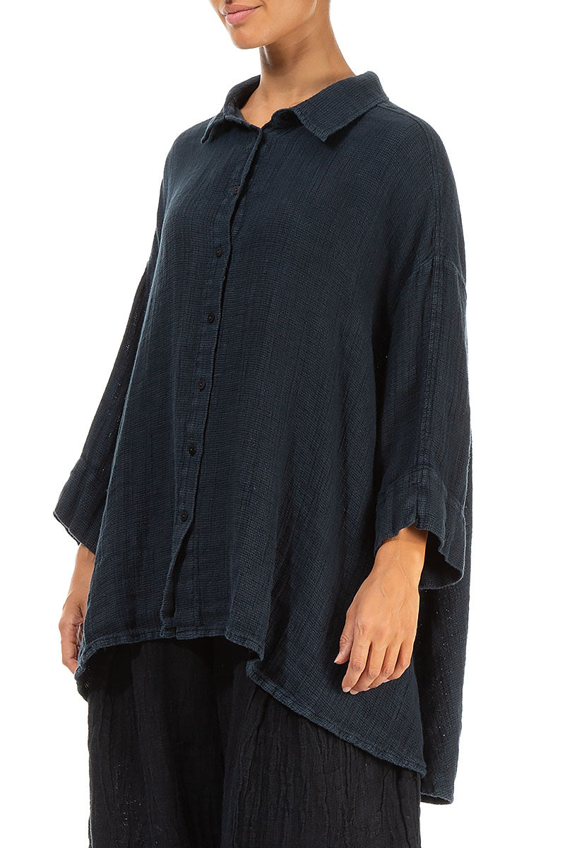 Loose Midnight Blue Textured Linen Shirt