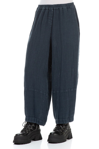 Loose Midnight Blue Textured Linen Trousers