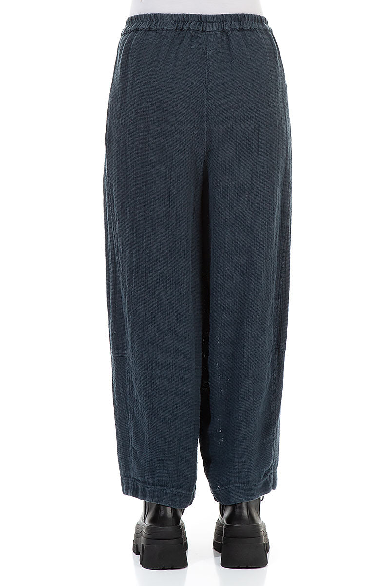 Loose Midnight Blue Textured Linen Trousers