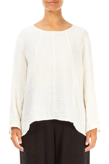 Loose Off White Textured Linen Blouse