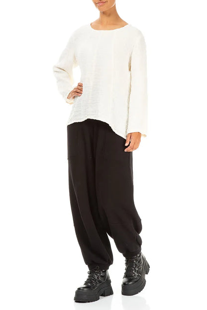 Loose Off White Textured Linen Blouse