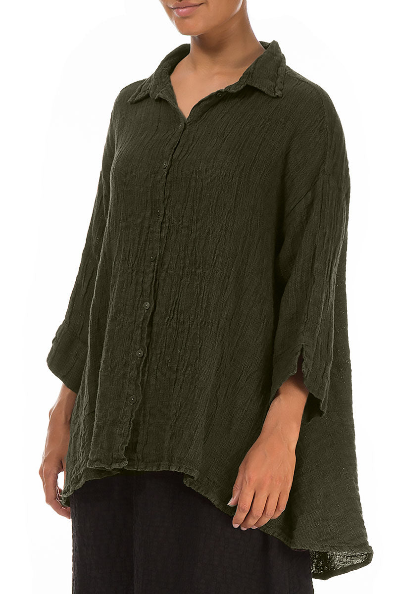 Loose Olive Mélange Linen Shirt