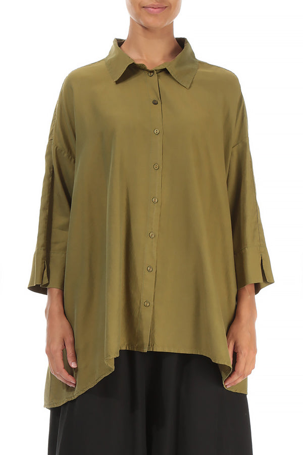 Loose Golden Olive Silk Cotton Shirt 1