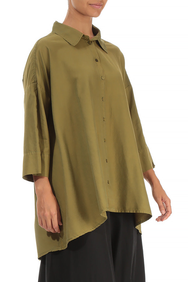 Loose Golden Olive Silk Cotton Shirt 3