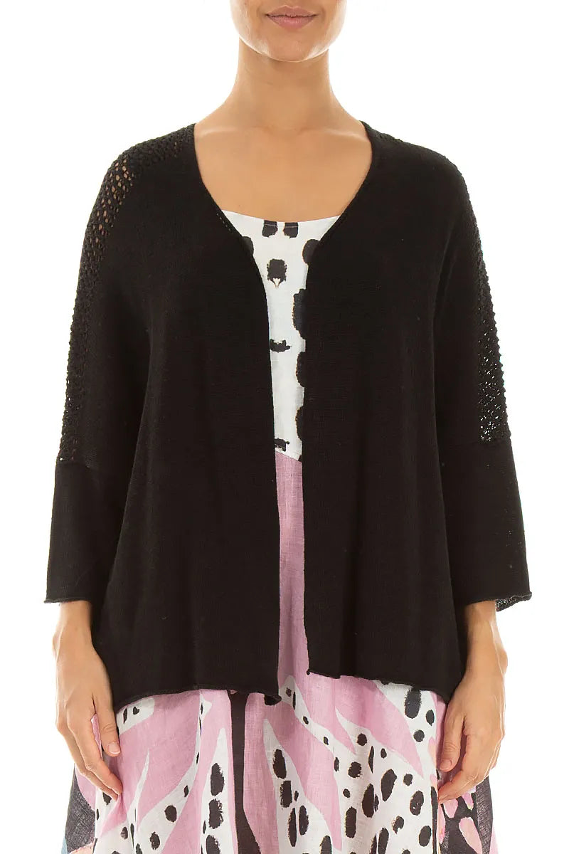 Gilet long ajouré noir en lin