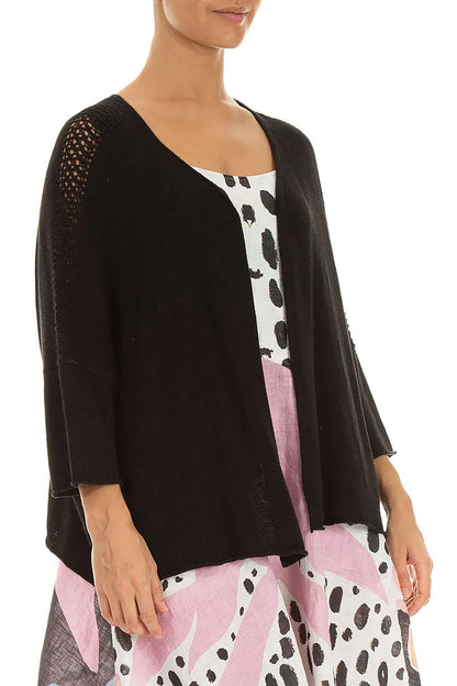 Lockere, durchbrochene schwarze Leinen-Strickjacke