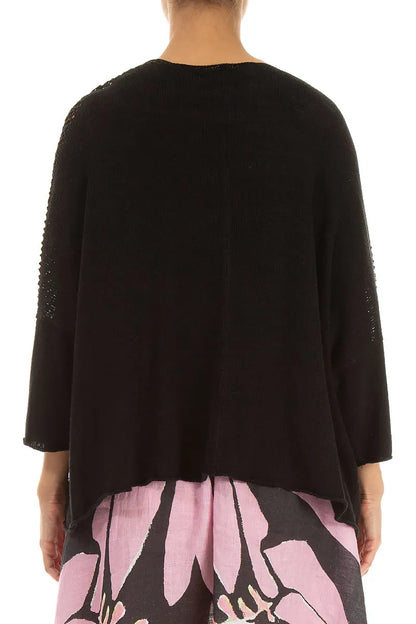 Lockere, durchbrochene schwarze Leinen-Strickjacke