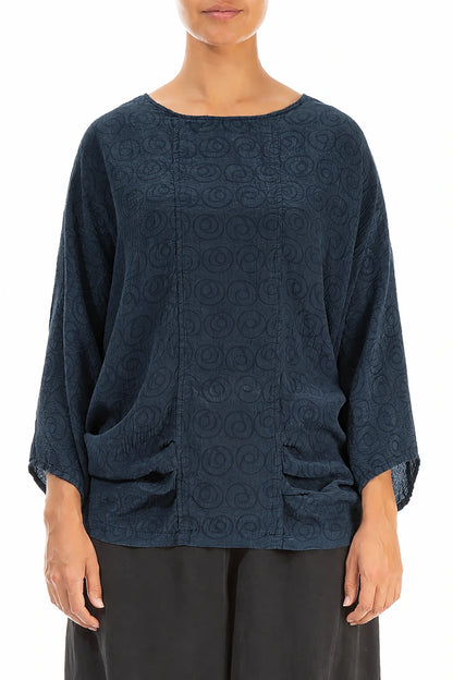 Loose Patterned Navy Silk Cotton Blouse 1