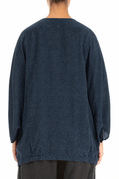 Loose Patterned Navy Silk Cotton Blouse 2