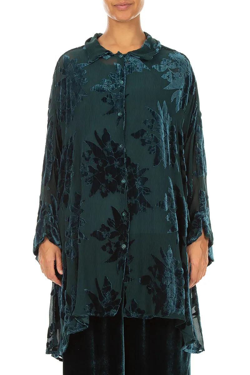 Loose Peacock Devoré Flower Silk Velvet Shirt