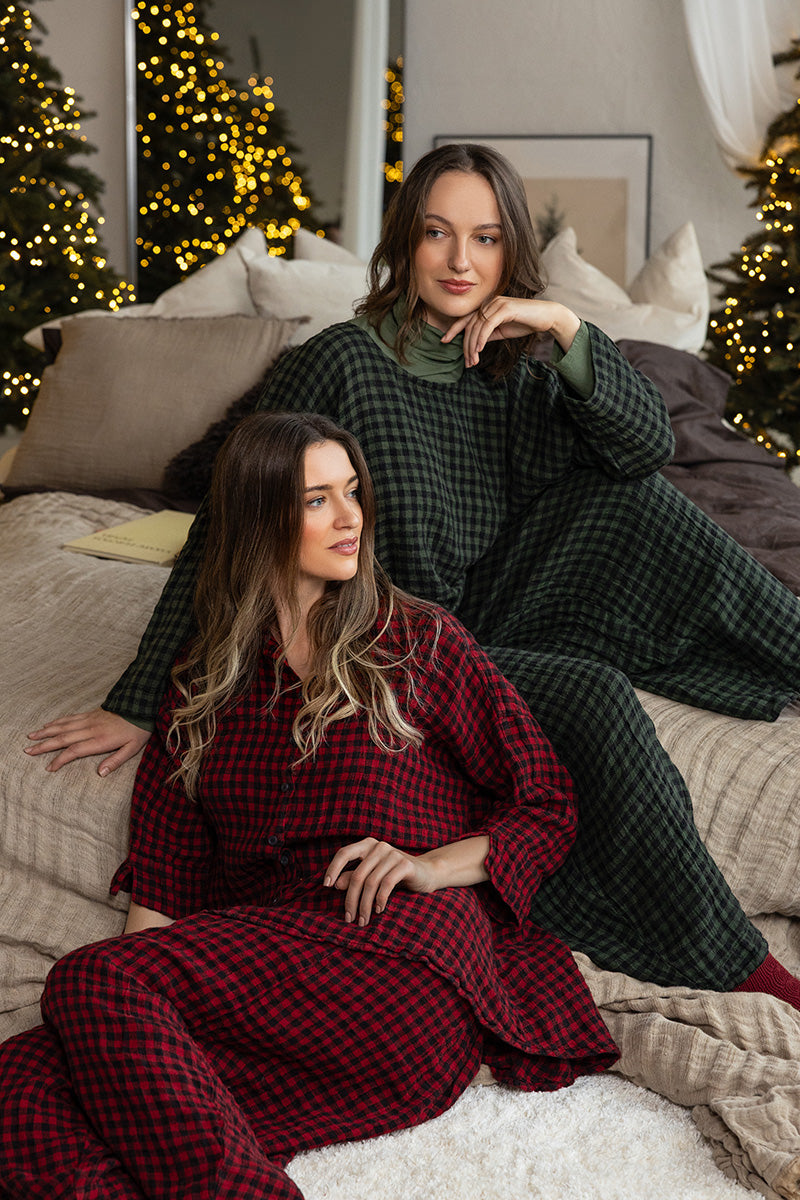 Loose Red Check Linen Shirt