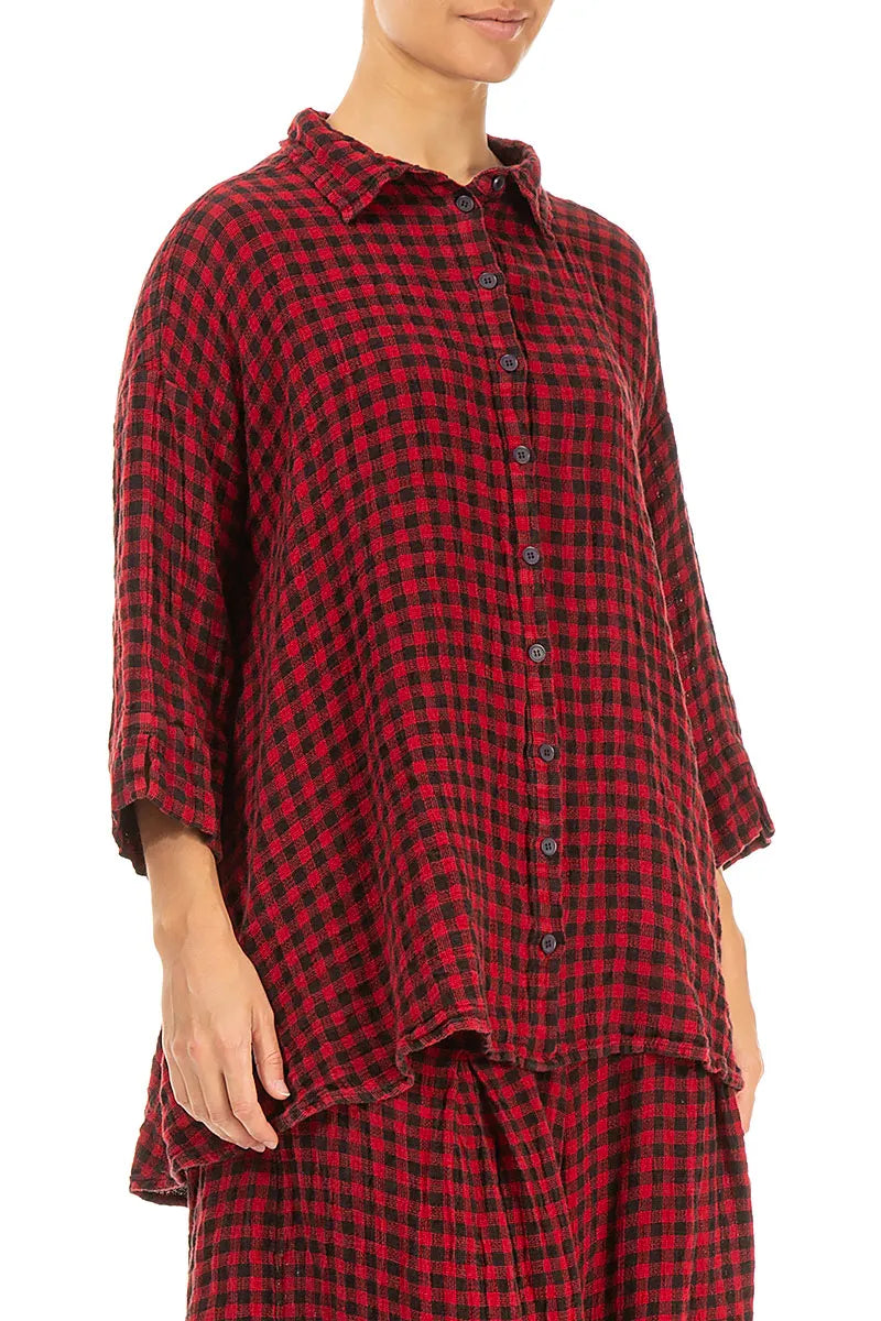 Loose Red Check Linen Shirt 3