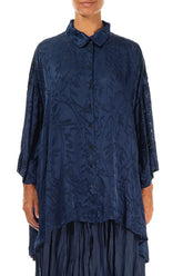 Loose Royal Blue Devoré Feather Silk Shirt 1