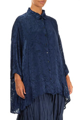 Loose Royal Blue Devoré Feather Silk Shirt 3