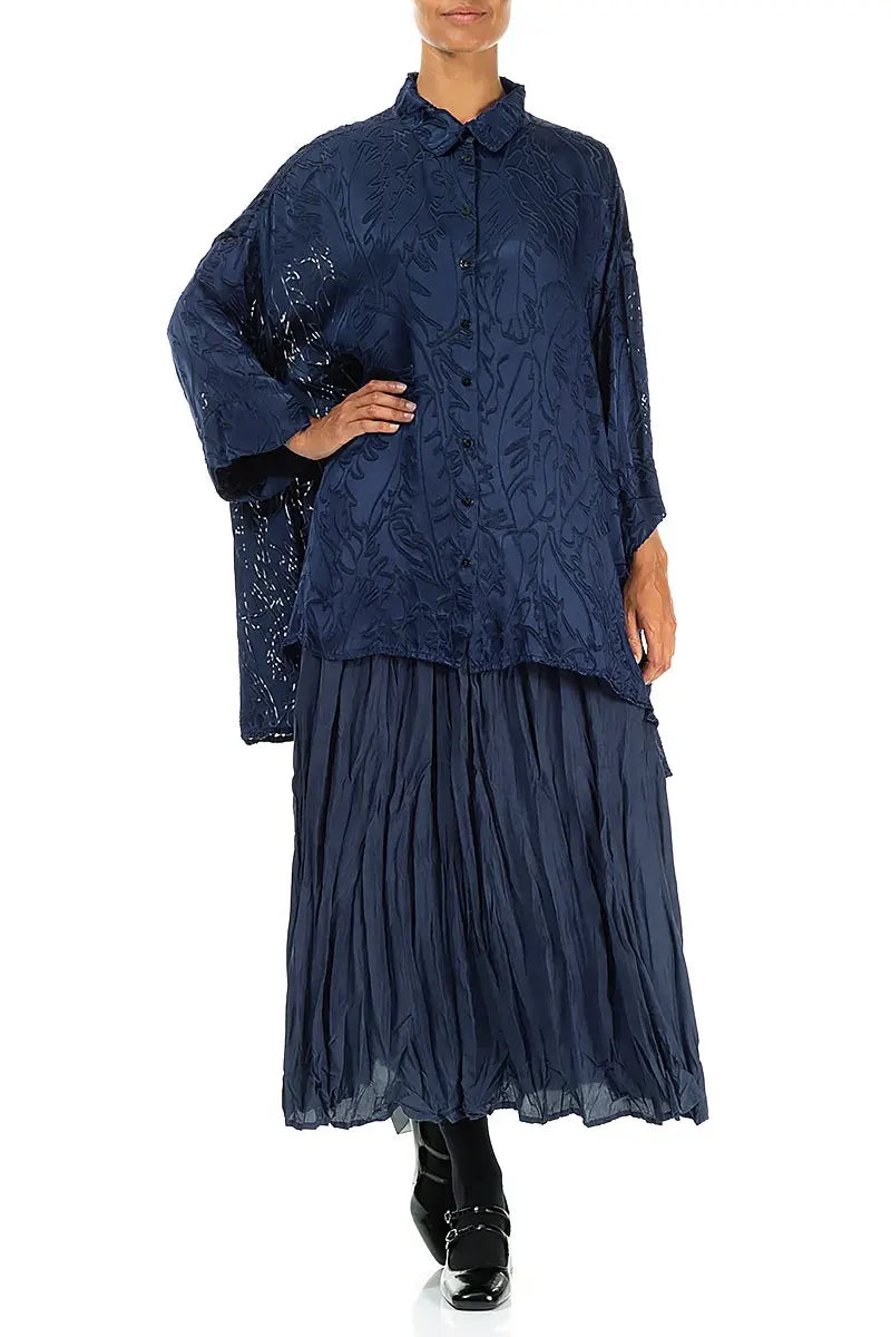 Loose Royal Blue Devoré Feather Silk Shirt 4