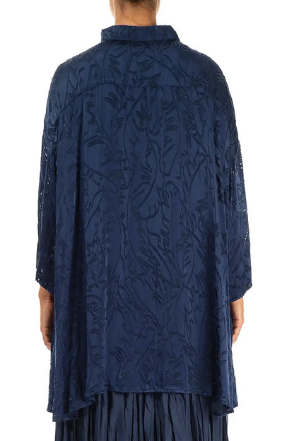 Loose Royal Blue Devoré Feather Silk Shirt 2