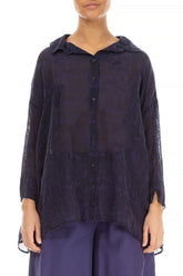 Loose Royal Purple Patterned Silk Shirt 1