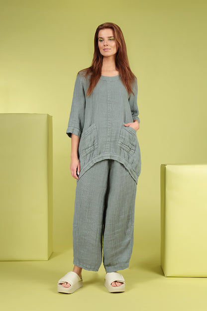 Loose Sage Textured Linen Trousers 7
