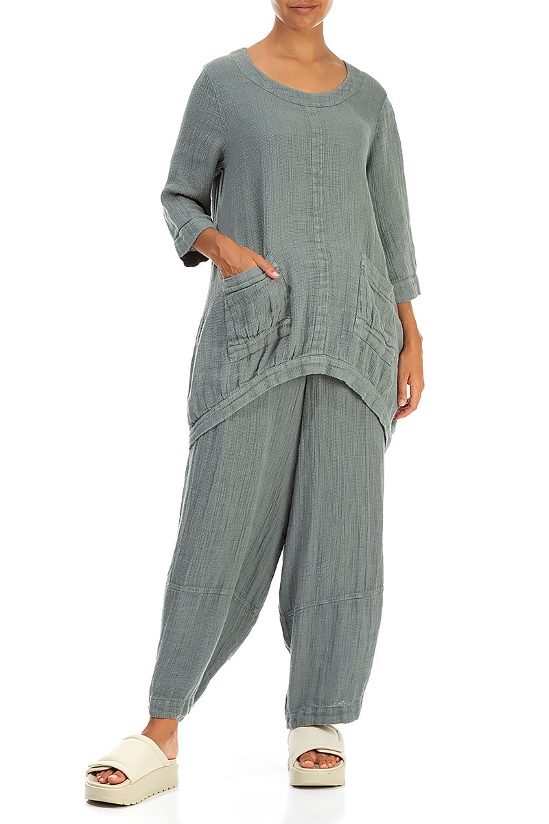 Loose Sage Textured Linen Trousers 4