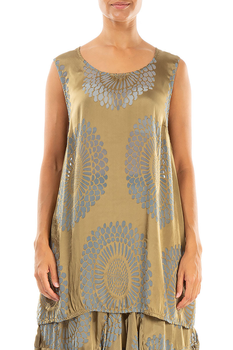 Loose Sleeveless Floral Silver Sage Silk Top