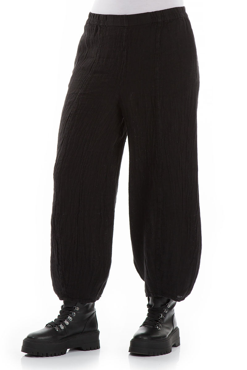 Loose Taper Black Mélange Linen Trousers