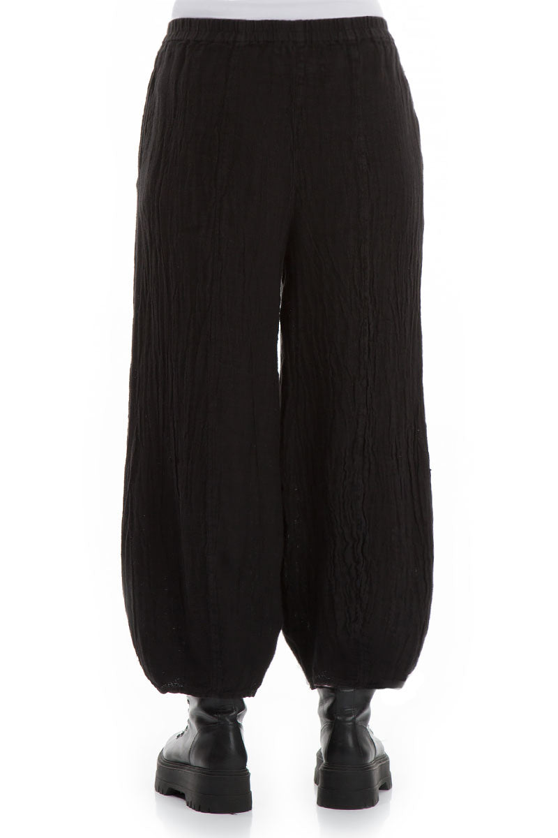 Loose Taper Black Mélange Linen Trousers