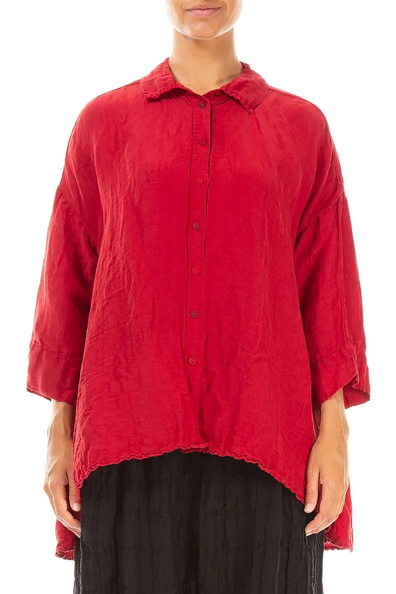 Loose Textured Cherry Red Silk Linen Shirt 1