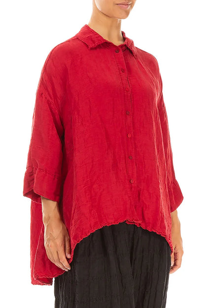 Loose Textured Cherry Red Silk Linen Shirt 3