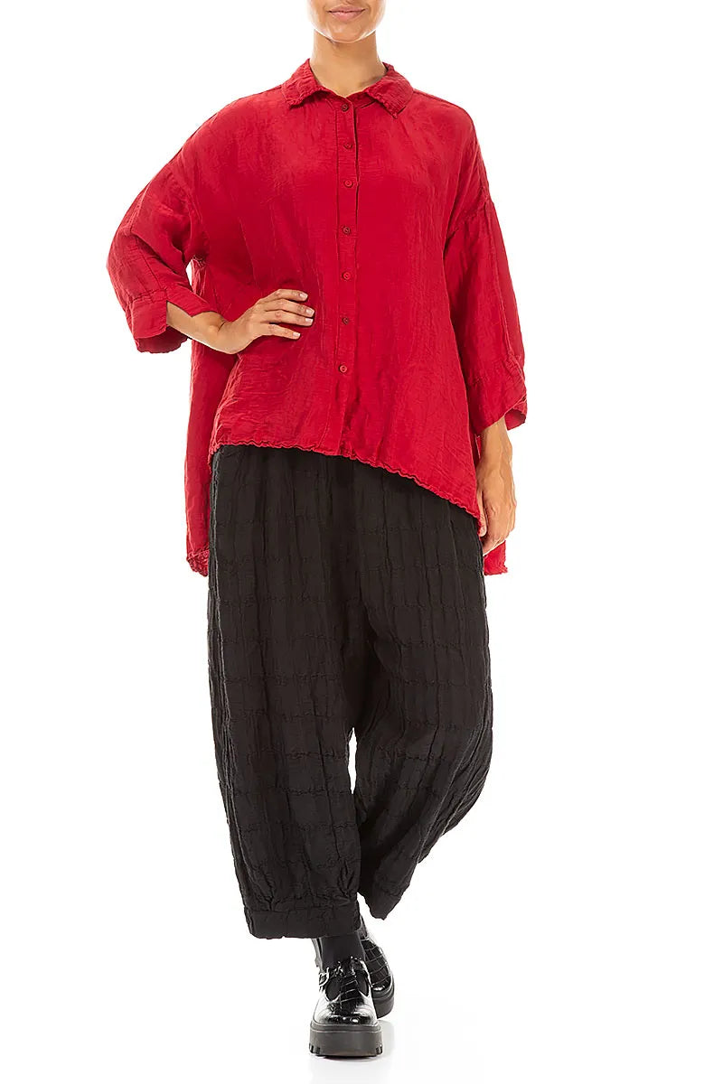 Loose Textured Cherry Red Silk Linen Shirt 4