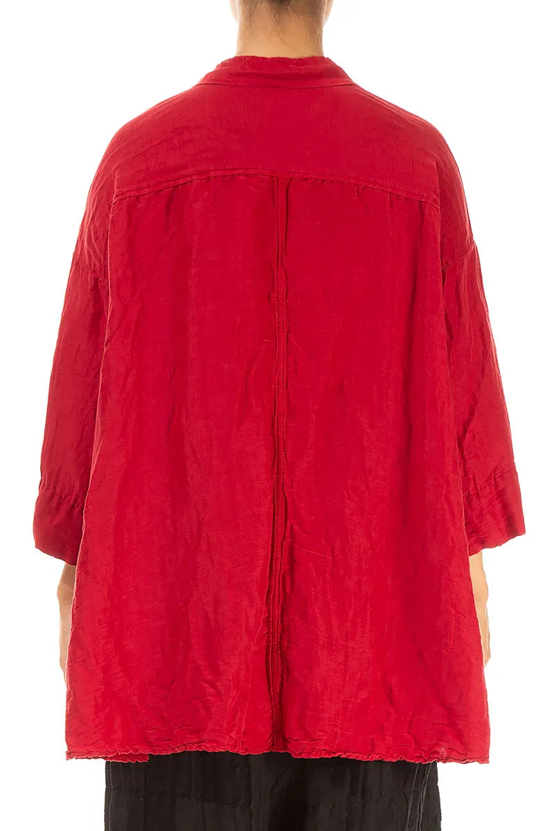 Loose Textured Cherry Red Silk Linen Shirt 2
