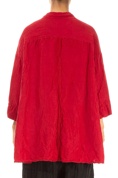 Loose Textured Cherry Red Silk Linen Shirt 2