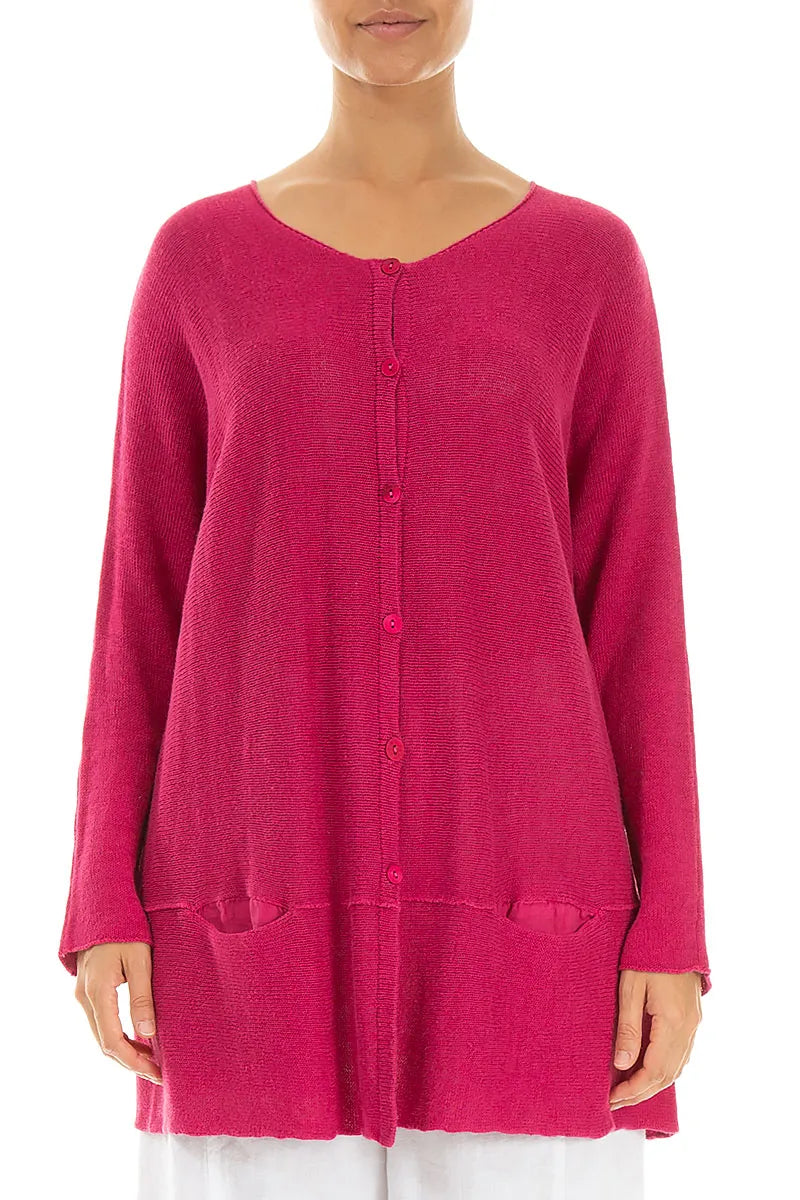 Lockere Leinenstrickjacke in Fuchsia mit zwei Taschen