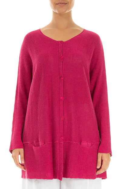 Lockere Leinenstrickjacke in Fuchsia mit zwei Taschen