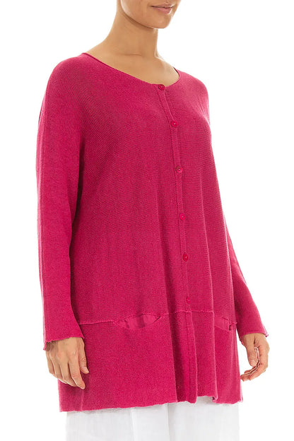 Lockere Leinenstrickjacke in Fuchsia mit zwei Taschen