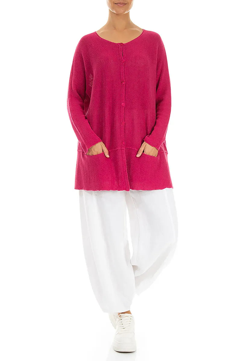 Lockere Leinenstrickjacke in Fuchsia mit zwei Taschen