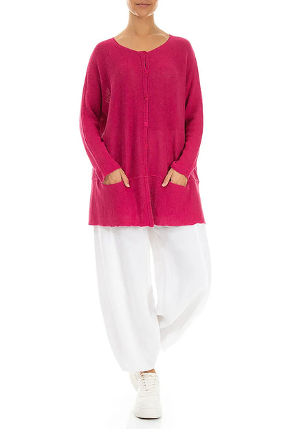 Lockere Leinenstrickjacke in Fuchsia mit zwei Taschen