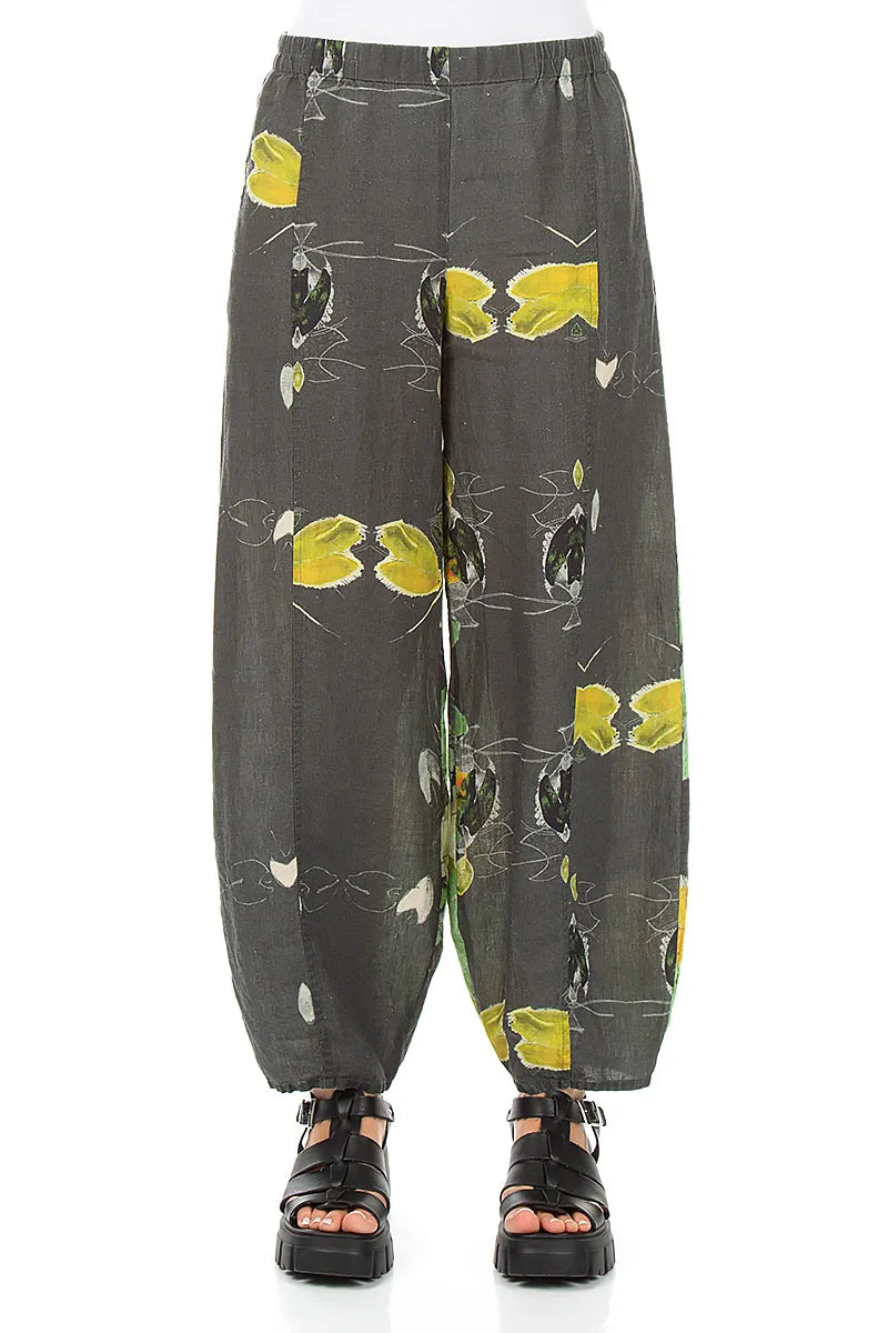 Tapered Leinenhose mit Seerosenmuster