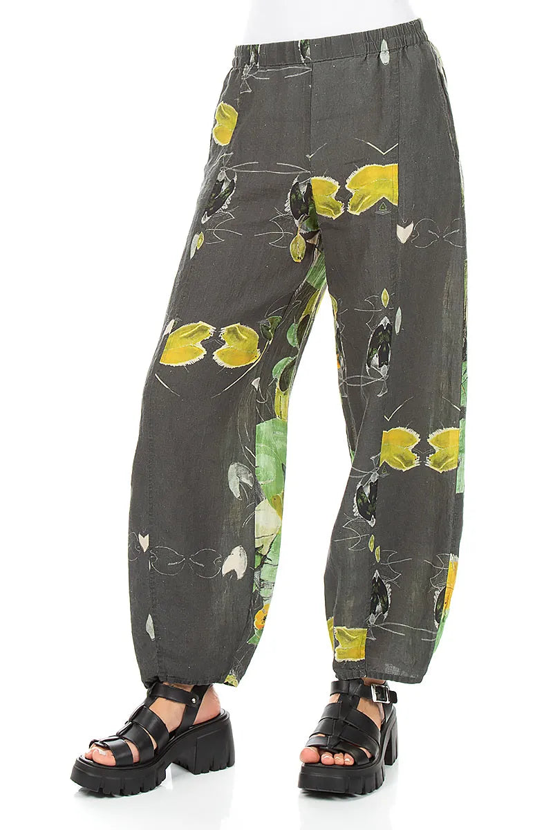 Tapered Leinenhose mit Seerosenmuster