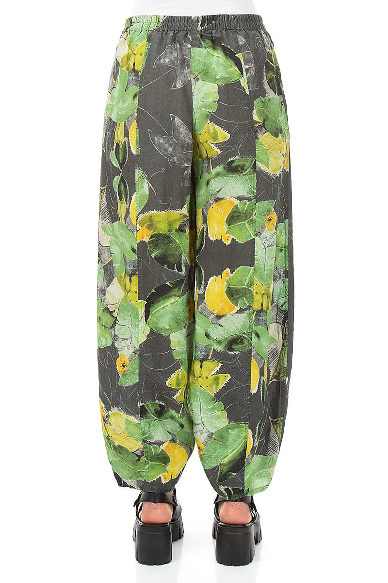 Tapered Leinenhose mit Seerosenmuster