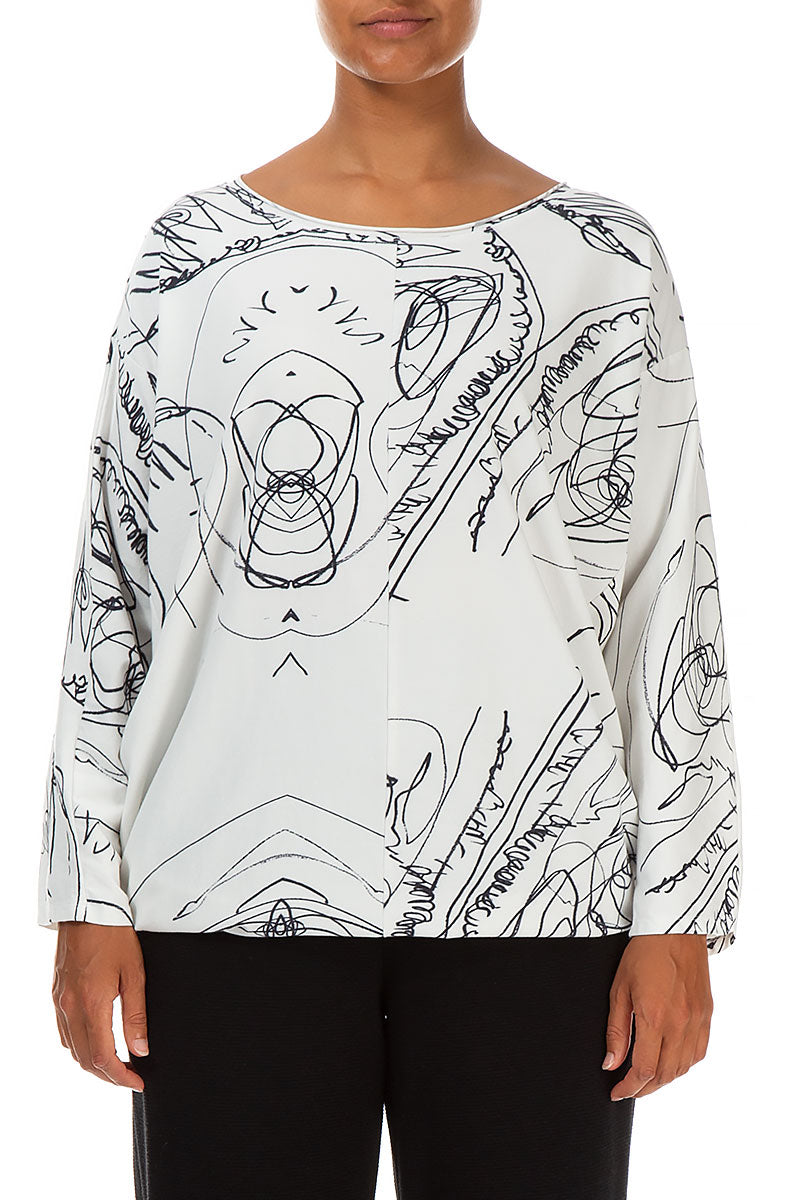 Loose White Abstract Draw Cotton Blouse 1