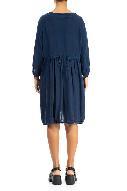 Side Pockets Navy Gauze Linen Tunic Dress 2