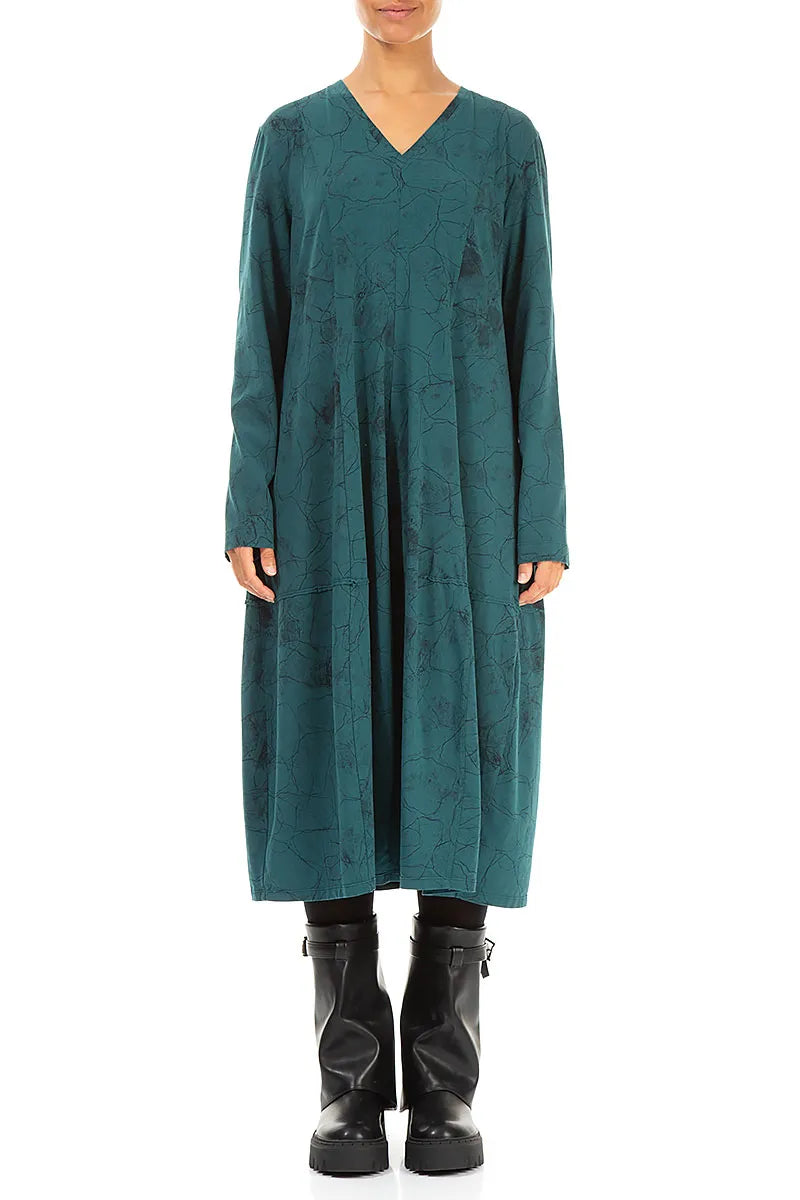 Long Sleeves V-Neck Peacock Marble Cotton Dress 1