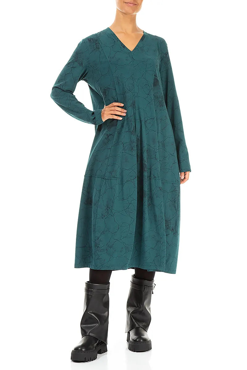 Long Sleeves V-Neck Peacock Marble Cotton Dress 4