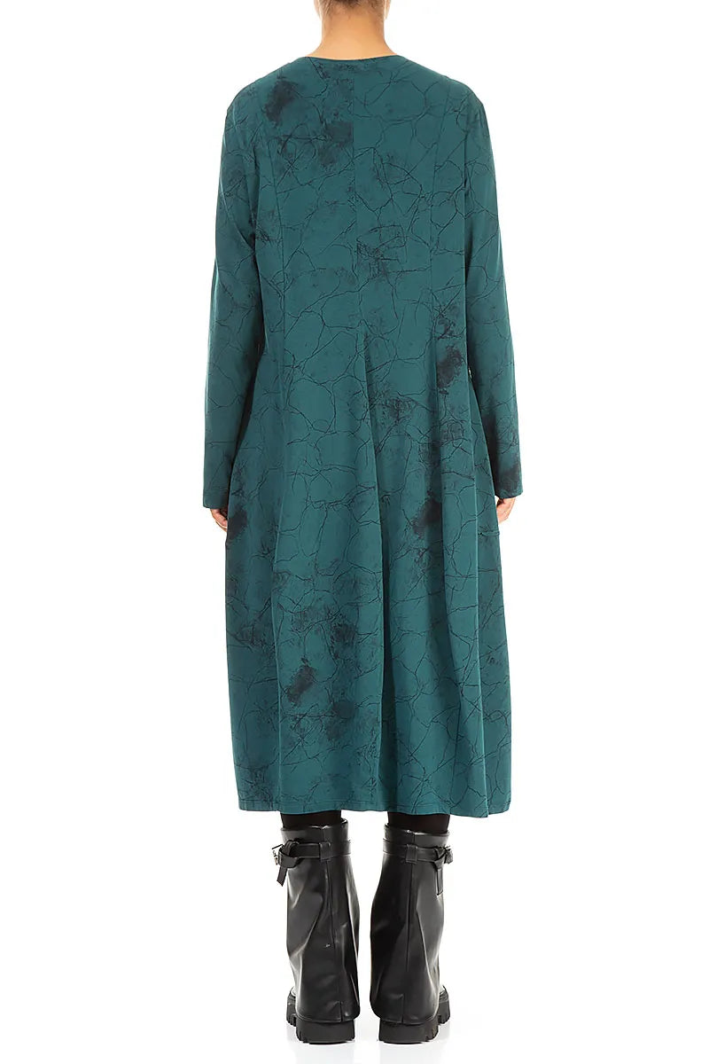 Long Sleeves V-Neck Peacock Marble Cotton Dress 2